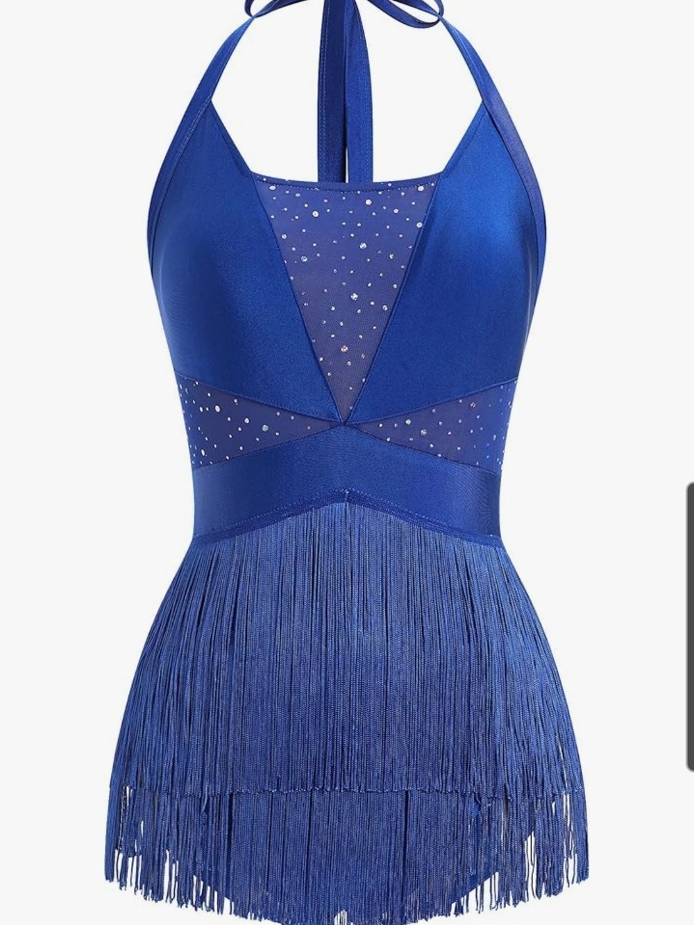 Jazz Salsa Dance Blue Fringe Halter Dress with Rhinestone Mesh Size Small
